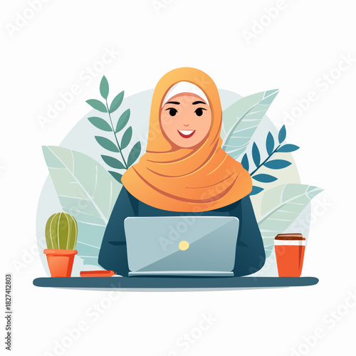 Woman in Hijab Working at Laptop Studio.