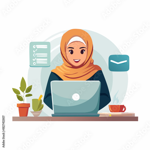 Woman with hijab working on laptop at desk.