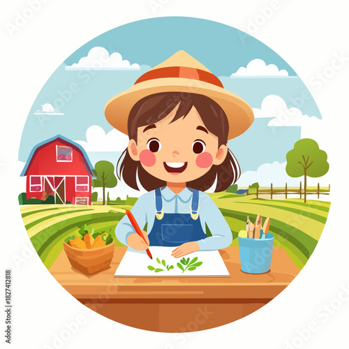 Young girl gardener tending greens in sunny farm scene.