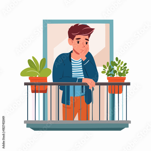 Young man leaning on balcony railing with potted plants.