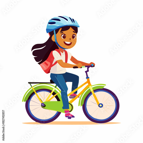 Young cyclist riding a colorful bicycle smiling.