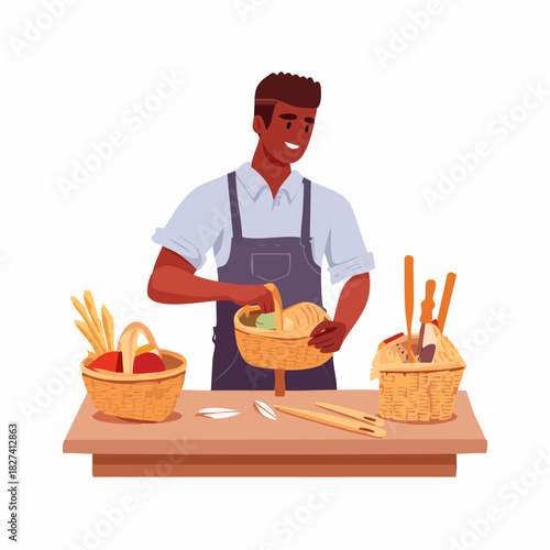 Baker Preparing Fresh Bread At Counter.