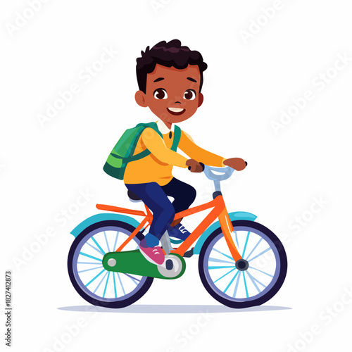 Young boy riding a colorful bicycle.