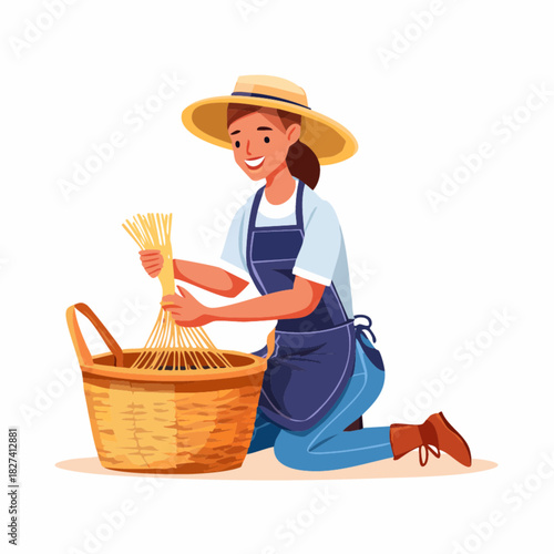 Female basket weaver crafting wicker basket.