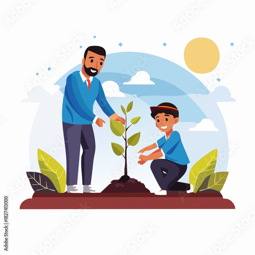 Adult man and boy planting a sapling together.