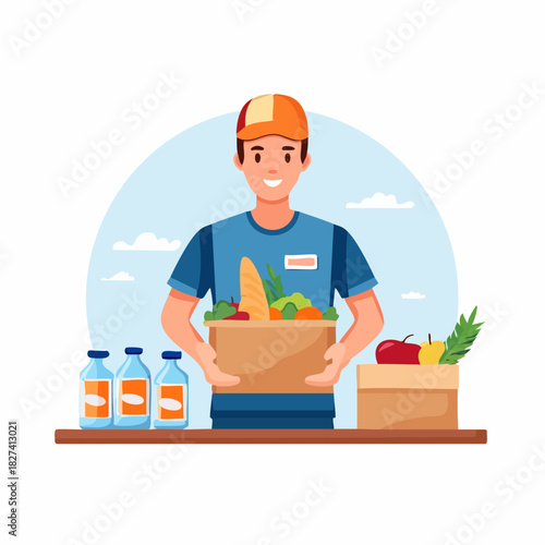 Friendly Delivery Person Holding Grocery Box.
