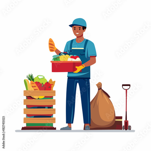 Market Gardener Carrying Fresh Produce and Tools.