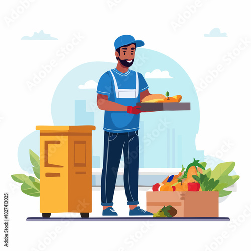 Friendly street vendor presenting fresh food tray.