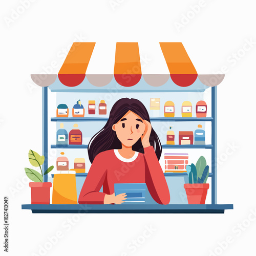 Woman Cashier Standing At Store Counter Portrait.