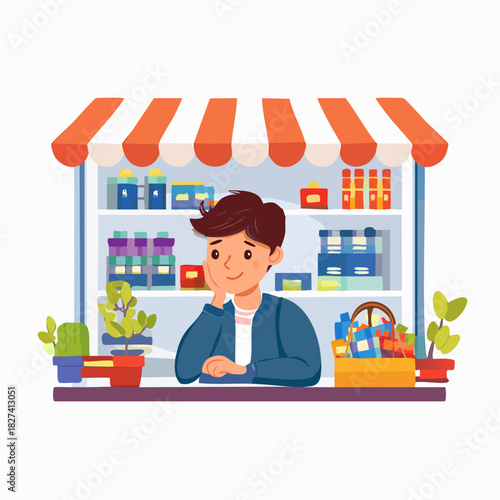 Store Clerk Serves Customer At Checkout Counter.