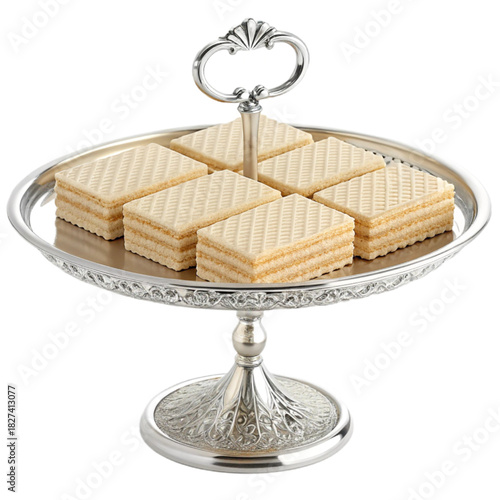 Delightful wafer cookies on ornate silver stand, perfect for elegant tea parties, dessert buffets, and sweet celebrations, a sophisticated treat presentation