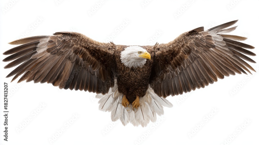 Fototapeta premium A bald eagle soars gracefully with outstretched wings. The bird's keen eyes scan the ground below ready to catch its next meal. The scene highlights its majestic feathers and strength.