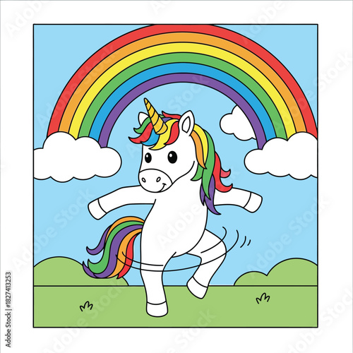 Cute cartoon unicorn dancing with hula hoop under rainbow vector illustration. Adorable magical horse character having fun in nature with clouds and blue sky.