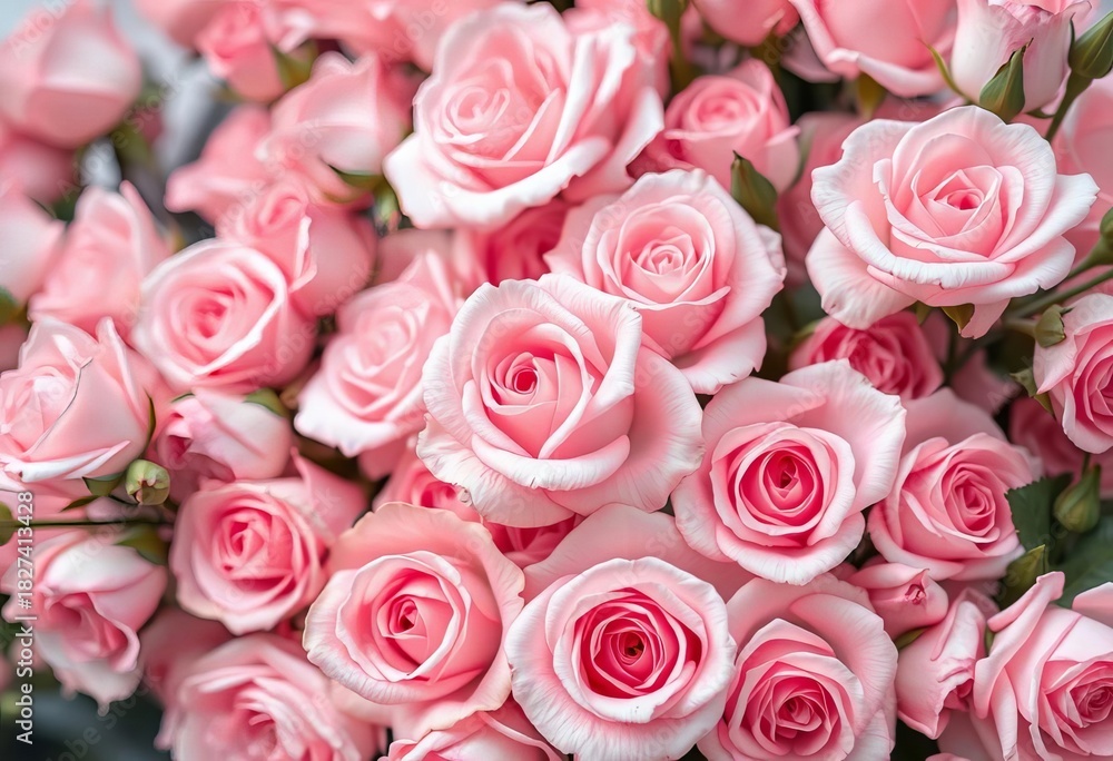 Naklejka premium Soft blush pink roses fill the frame, creating a romantic backdrop, backdrop, nature
