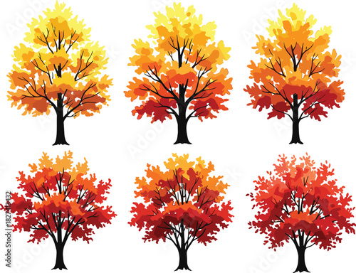 Autumn trees in six cartoon variants with red, orange, and yellow foliage, seasonal botanical illustration, nature concept, white background