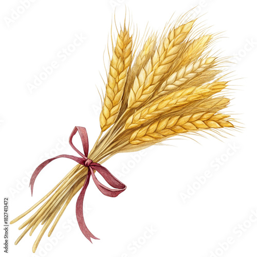 Elegant sheaf of golden wheat, tied with a rustic ribbon, evokes feelings of harvest, autumn, and abundance, perfect for seasonal designs