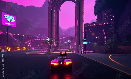 Neon racing through the cyberpunk city, speeding through illuminated streets