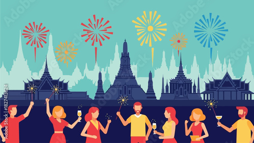 A diverse team of professionals celebrating the launch of their successful digital business model with a festive party and fireworks over an iconic city skyline