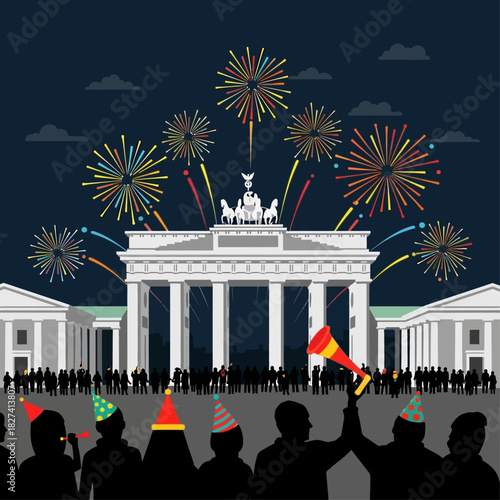 Vector illustration showcasing the celebration of a successful digital business model with a massive party and fireworks at a landmark in Berlin
