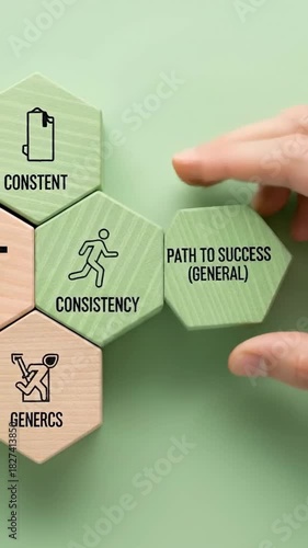 A hand placing hexagonal wooden blocks with words like 'CONSISTENT', 'CONSISTENCY', 'PATH TO SUCCESS', and 'GENERICS' on a green background.