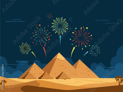 A successful digital business model brings global celebration, conceptualized with vibrant fireworks illuminating the Giza pyramids at night