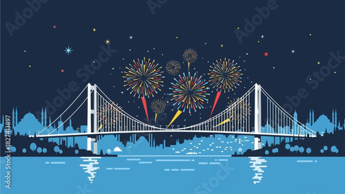 Celebrating the successful launch of an innovative digital business model, connecting progress and achievement across new digital landscapes, symbolized by a vibrant bridge under sparkling fireworks