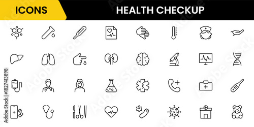 Health Checkup web icons in line style. Medicine, check up, doctor, dentistry, pharmacy, lab, scientific discovery, collection. Vector illustration.