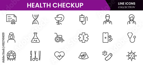 Health Checkup web icons in line style. Medicine, check up, doctor, dentistry, pharmacy, lab, scientific discovery, collection. Vector illustration.