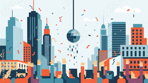 A diverse crowd celebrates the successful launch of a new digital business model in a modern cityscape