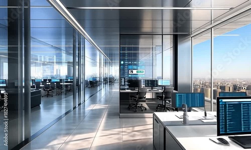 Sleek modern office space showcasing technology and urban views