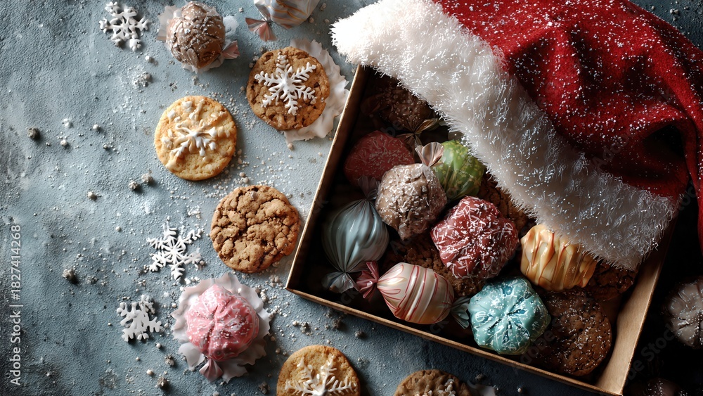 Naklejka premium Festive Food Box with Santa Hat in Snowy Scene