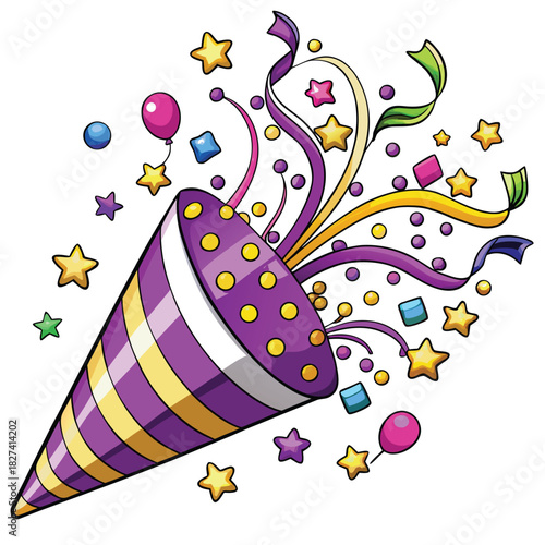 Purple party popper exploding with confetti stars and ribbons Keywords: party, popper, explosion
