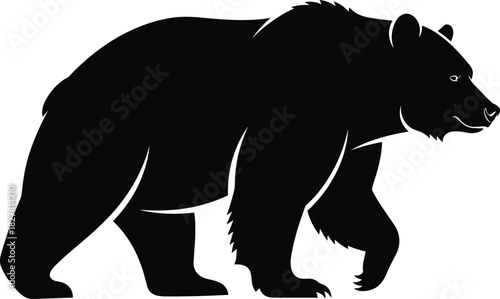 Bear silhouette walking right, detailed wild animal shape, black forest creature, strong predator icon, nature illustration, white background, side profile