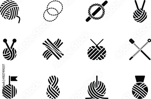Black and white icons of knitting and craft supplies