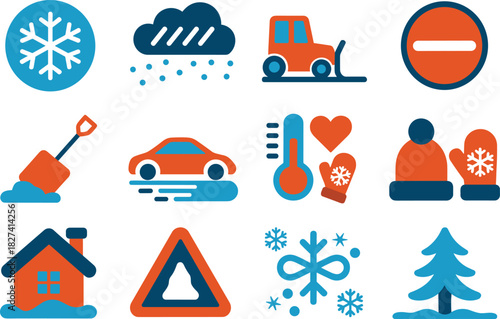 Winter weather icons including snowflake snow shovel car thermometer and tree