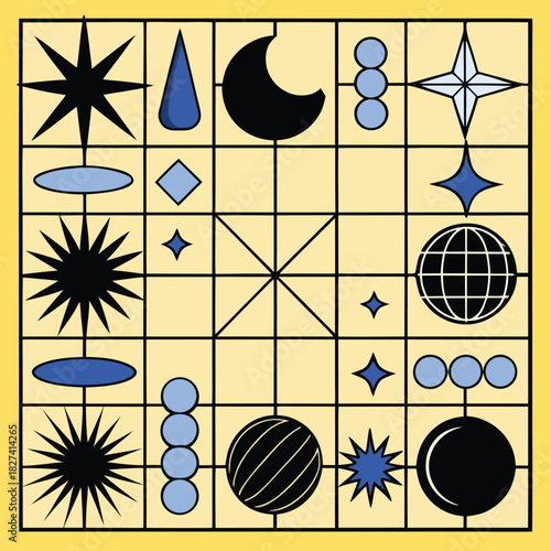 Abstract geometric shapes and celestial bodies on a yellow background vector illustration