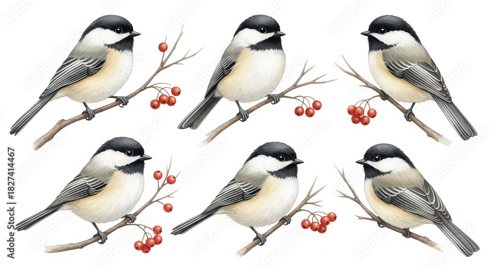 Fototapeta premium Charming chickadees perched on winter branches with bright red berries create a delightful natural pattern perfect for seasonal designs