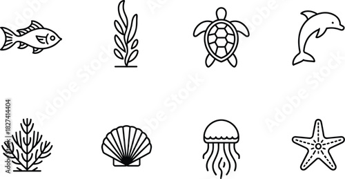 Ocean life icons fish turtle dolphin seaweed shell jellyfish starfish