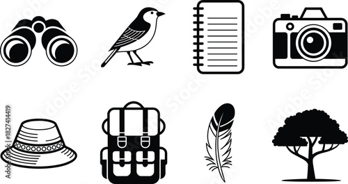 Binoculars camera bird notebook hat backpack feather tree icons