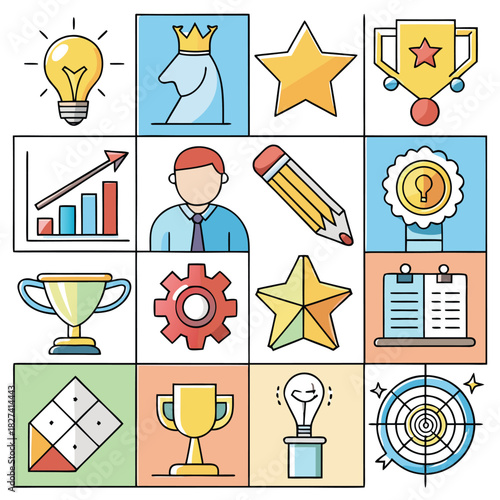 Lightbulb chess piece star trophy graph and person icons in grid idea inspiration
