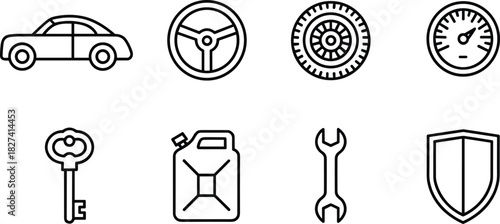 Car icons set with key wrench fuel can and shield automobile