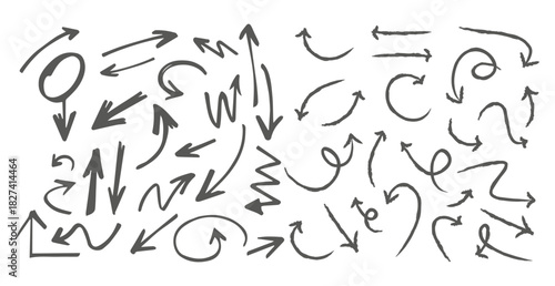 Arrow vector line set. Charcoal hand drawn pencil arrows. Doodle curved chalk darts. brush sketch arrow line curve up, down shape chalk texture element set. Abstract grunge scribble chalk crayon style