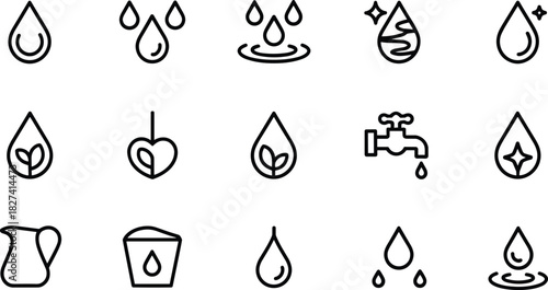 Water drop icons with plant and faucet droplet liquid