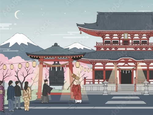 A vector illustration conceptualizing a digital business model for cultural tourism at a traditional Japanese temple with Mount Fuji