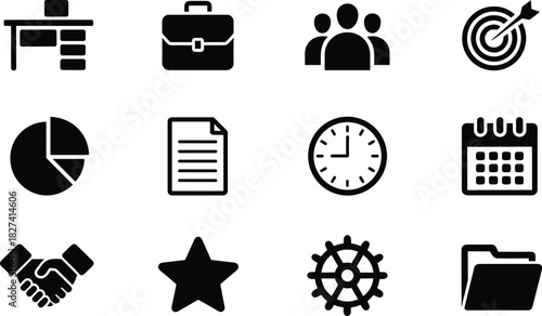 Business icons set on white background desk briefcase