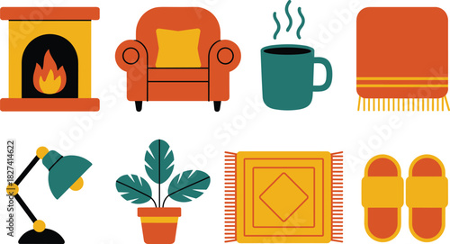 Cozy home interior elements flat illustration fireplace