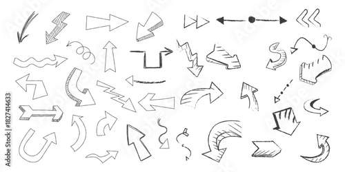 Arrow vector line set. Charcoal hand drawn pencil arrows. Doodle curved chalk darts. brush sketch arrow line curve up, down shape chalk texture element set. Abstract grunge scribble chalk crayon style