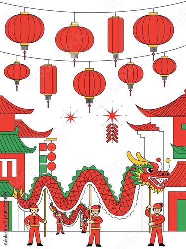 A festive dragon dance and lanterns illustrate a thriving digital business model during Chinese New Year celebrations