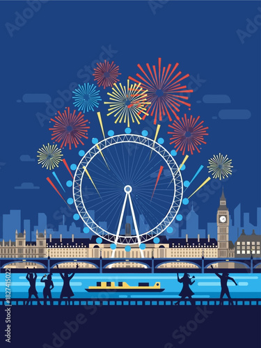 Celebration of a digital business model with iconic London landmarks and fireworks, symbolizing growth and success