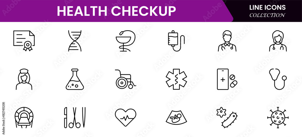 Fototapeta premium Health Checkup web icons in line style. Medicine, check up, doctor, dentistry, pharmacy, lab, scientific discovery, collection. Vector illustration.